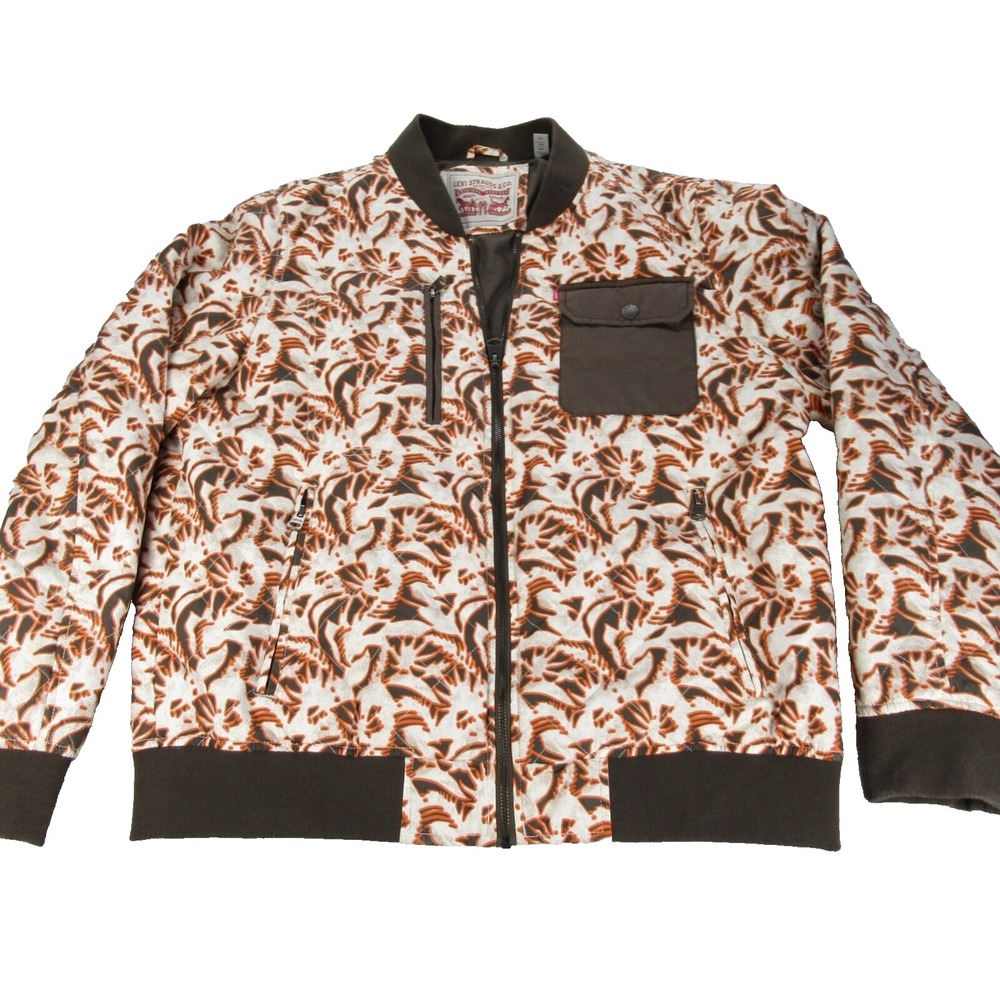 Levis Jacket Men XL Brown Printed Abstract Pockets Quilted Full Zip Bomber